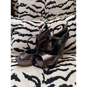 Y2K Bebe Adrianna Metallic Pewter Platform Stiletto Ankle Strap PeepToe Size 8